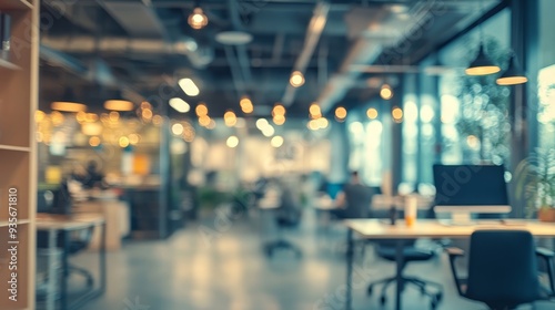 Modern office interior with warm lighting and workspace setup during a busy day