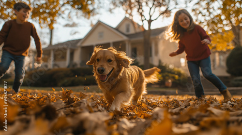 Golden retriever running with children through autumn leaves in front of house photo