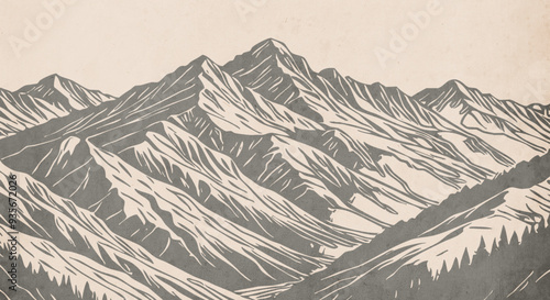 Mountain landscape. Vector graphics. Logo design for use in graphics. T-shirt print, tattoo design. Minimalist illustration for printing on wall decorations. Vintage grunge old .