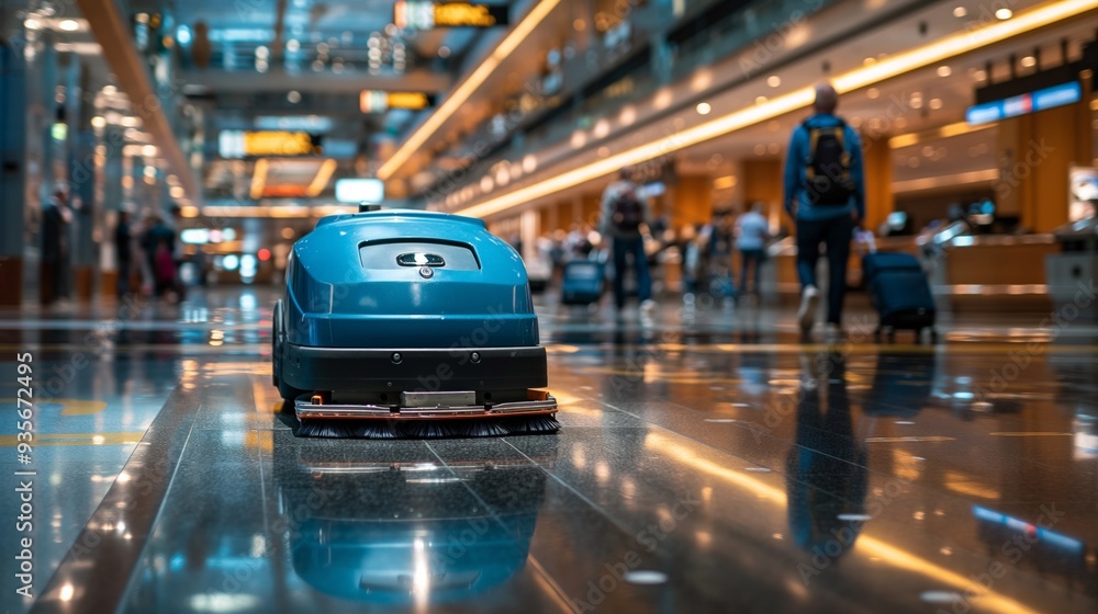 Autonomous cleaning robot in a busy airport, efficiently maintaining the shiny floor surfaces. Autonomous cleaning robot in a busy airport, efficiently maintaining the shiny floor surfaces.