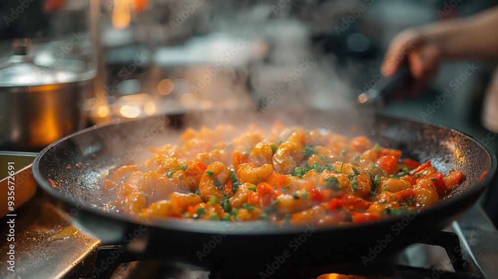 Chef sautéing shrimp and vegetables in a hot pan, steam rising, creating a fresh, flavorful dish in a kitchen. Chef sautéing shrimp and vegetables in a hot pan, steam rising, creating a fresh, flavorful dish in a kitchen.