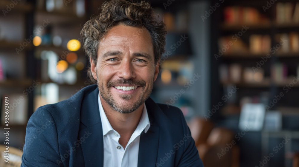 Smiling man with a beard in a blazer, standing in a modern office with a blurred bookshelf background. Smiling man with a beard in a blazer, standing in a modern office with a blurred bookshelf background.