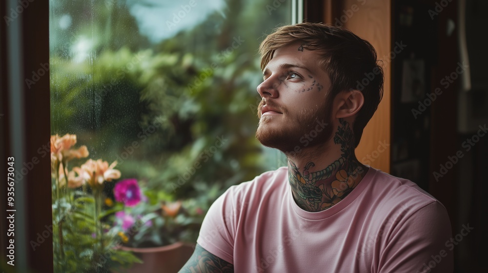 A calm man in a pink t-shirt gazes out at a vibrant garden, evoking peace and reflection. A calm man in a pink t-shirt gazes out at a vibrant garden, evoking peace and reflection.