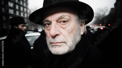 Close-up portrait of a senior man with a gray beard and a serious expression. He's wearing a black hat and coat in the city.