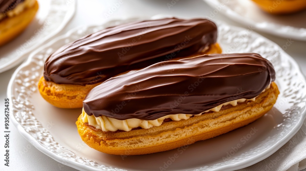A white plate topped with three chocolate covered donuts on top of a table A white plate topped with three chocolate covered donuts on top of a table