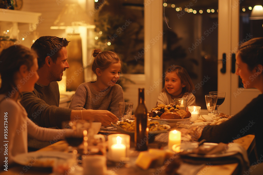 © MobiWall - A warm and cozy family dinner scene at home. Parents and children are gathered around a dining table filled with home-cooked meals. They are smiling and engaging in conversation, with warm lighting © MobiWall - A warm and cozy family dinner scene at home. Parents and children are gathered around a dining table filled with home-cooked meals. They are smiling and engaging in conversation, with warm lighting