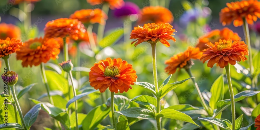 Vibrant orange zinnia flowers sway gently in a sun-drenched field, basking in the warm golden light that casts a serene and peaceful atmosphere. Vibrant orange zinnia flowers sway gently in a sun-drenched field, basking in the warm golden light that casts a serene and peaceful atmosphere.