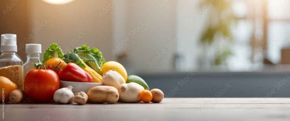Fresh Produce and Bottles on Wooden Tabletop with Blurred Background Fresh Produce and Bottles on Wooden Tabletop with Blurred Background