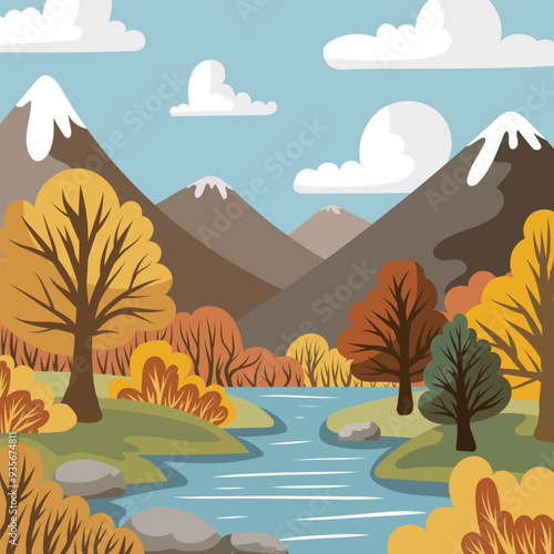 Autumn landscape with mountains, river and autumn forest. Flat style. Vector illustration