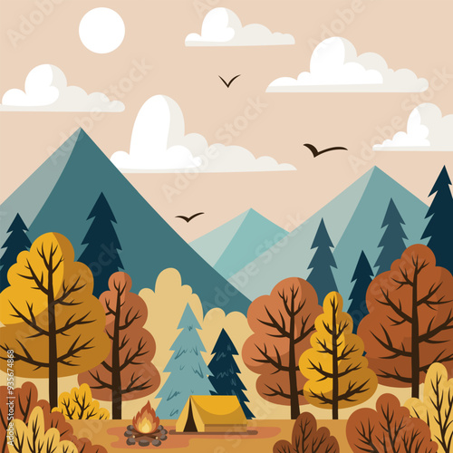Camping in the forest. Autumn landscape in retro colors. Mountains, trees, tent and fire. Autumn background in minimalist style. Vector illustration