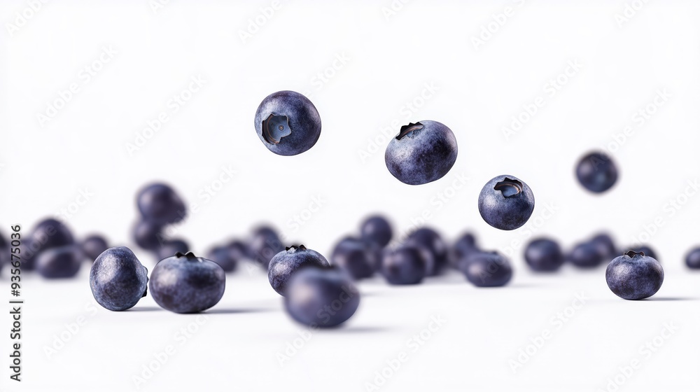 Fresh blueberries falling and scattered on a white surface. Fresh blueberries falling and scattered on a white surface.