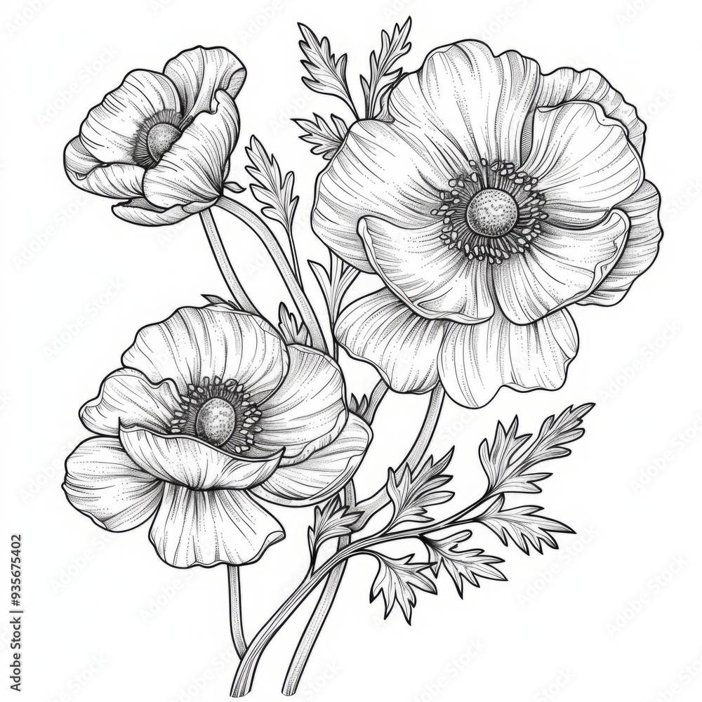 Cluster of poppy flowers with leaves and stems. Detailed black and white line drawing illustration. Botanical and nature concept for coloring book and print. Generative AI Cluster of poppy flowers with leaves and stems. Detailed black and white line drawing illustration. Botanical and nature concept for coloring book and print. Generative AI