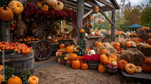 77. A vibrant autumn harvest festival with pumpkin displays, hay rides, and seasonal treats photo