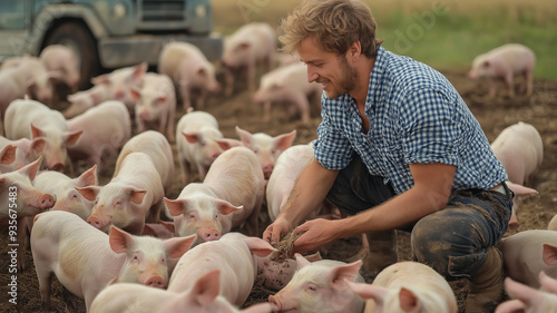 Farmer Feeding Piglets
