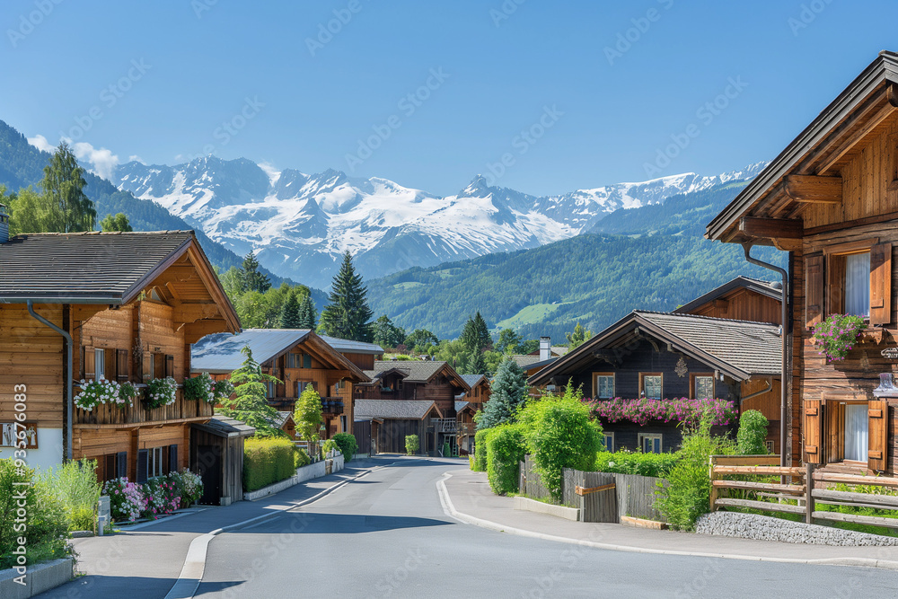 A charming Alpine village nestled in a valley surrounded by snow-capped mountains. Cozy chalets with wooden facades and flower boxes line the streets. The clear blue sky and crisp mountain air enhance A charming Alpine village nestled in a valley surrounded by snow-capped mountains. Cozy chalets with wooden facades and flower boxes line the streets. The clear blue sky and crisp mountain air enhance