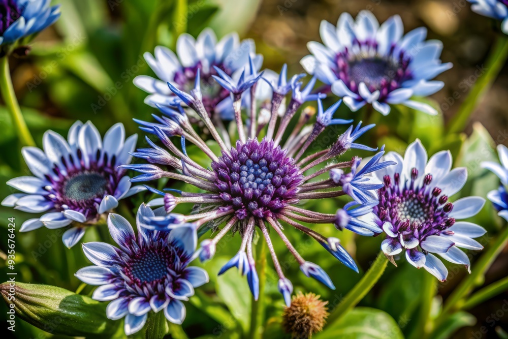 Vibrant macro shot of intertwined purple and blue flowers with delicate petals against a blurred, kaleidoscopic background, showcasing nature's stunning beauty and kaleidoscopic colors. Vibrant macro shot of intertwined purple and blue flowers with delicate petals against a blurred, kaleidoscopic background, showcasing nature's stunning beauty and kaleidoscopic colors.