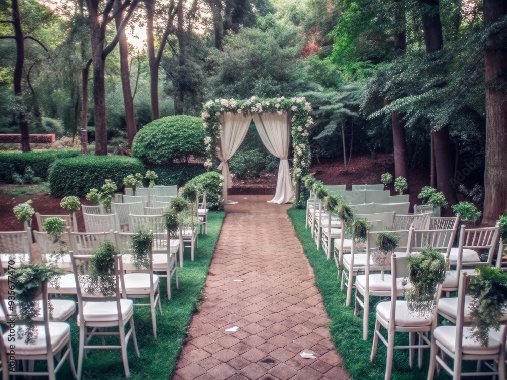 Elegant outdoor ceremony setting featuring a serene empty aisle adorned with white chair covers, lush greenery, and modern decorations awaits a romantic celebration. Elegant outdoor ceremony setting featuring a serene empty aisle adorned with white chair covers, lush greenery, and modern decorations awaits a romantic celebration.