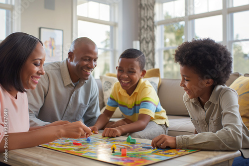 An engaging family game night in the living room. The family is gathered around a coffee table, playing board games. They are laughing, cheering, and enjoying each other's company. cozy room