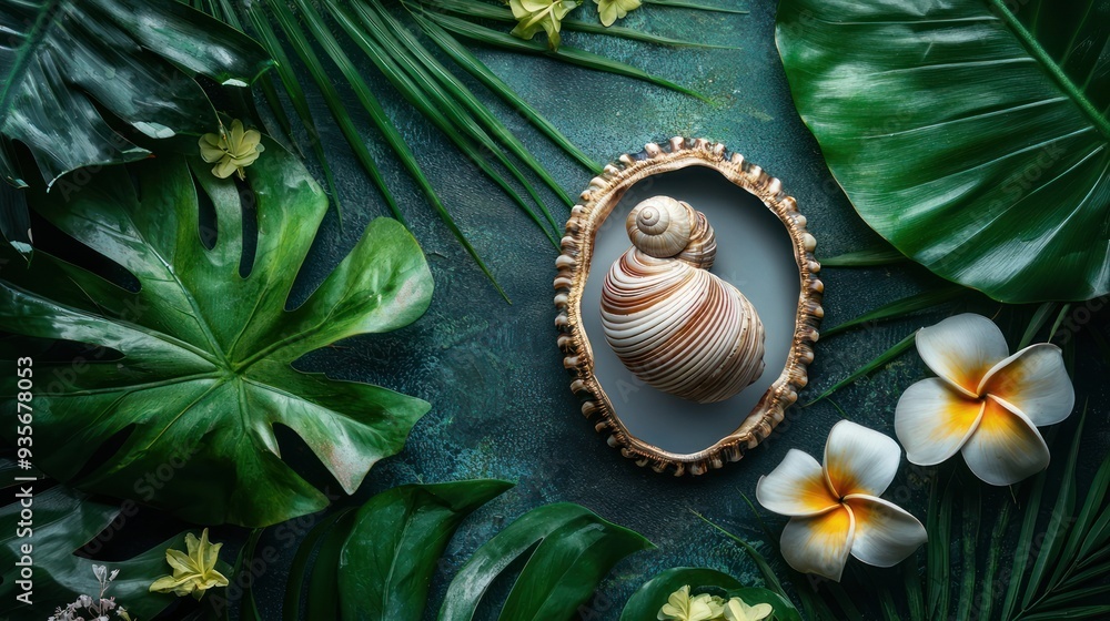 A detailed seashell inside a picture frame, surrounded by tropical leaves and flowers, with space for text. A detailed seashell inside a picture frame, surrounded by tropical leaves and flowers, with space for text.