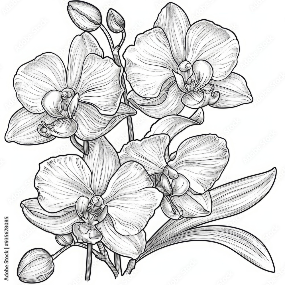 Cluster of blooming orchids with leaves and buds. Detailed black and white line drawing illustration. Botanical and nature concept for coloring book and print. Generative AI