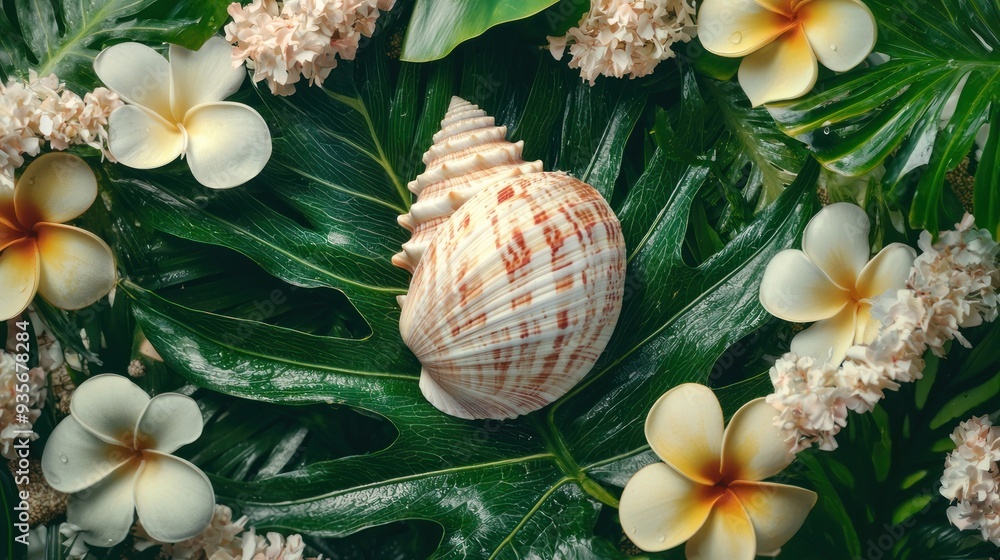 A detailed seashell inside a picture frame, surrounded by tropical leaves and flowers, with space for text. A detailed seashell inside a picture frame, surrounded by tropical leaves and flowers, with space for text.