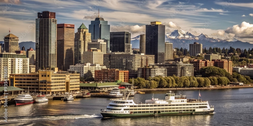 Fototapeta premium Majestic urban landscape featuring sleek skyscrapers, bustling waterfront, and majestic Olympic Mountains backdrop, with ferries and sailboats dotting the sparkling Puget Sound waters.