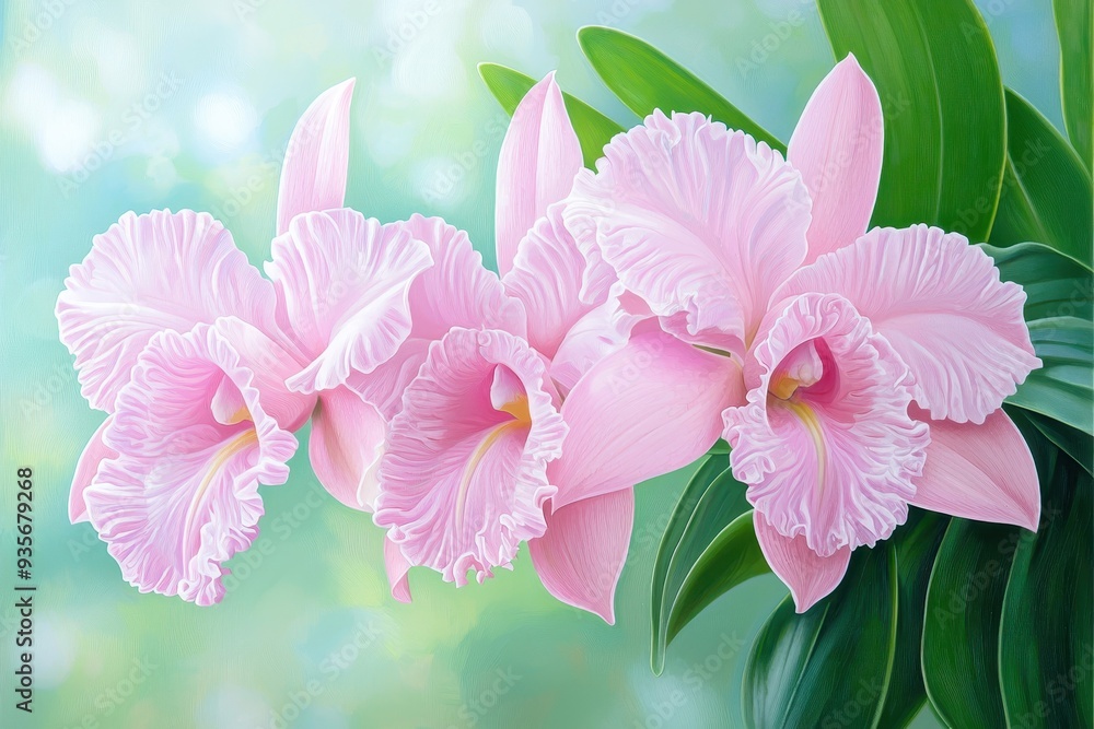 Delicate pink orchid flowers in full bloom against a soft, blurred green background create a serene and beautiful atmosphere. Delicate pink orchid flowers in full bloom against a soft, blurred green background create a serene and beautiful atmosphere.