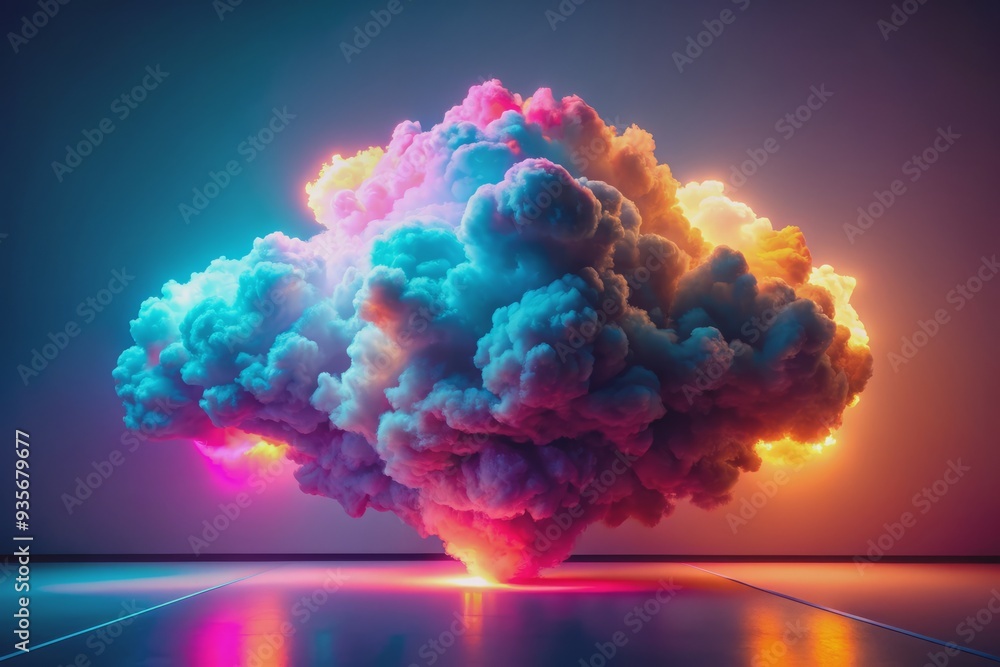 Vibrant neon hues illuminate a dramatic, isolated cumulus cloud in 3D, set against a crisp white background, evoking a sense of futuristic serenity in a modern wallpaper design. Vibrant neon hues illuminate a dramatic, isolated cumulus cloud in 3D, set against a crisp white background, evoking a sense of futuristic serenity in a modern wallpaper design.
