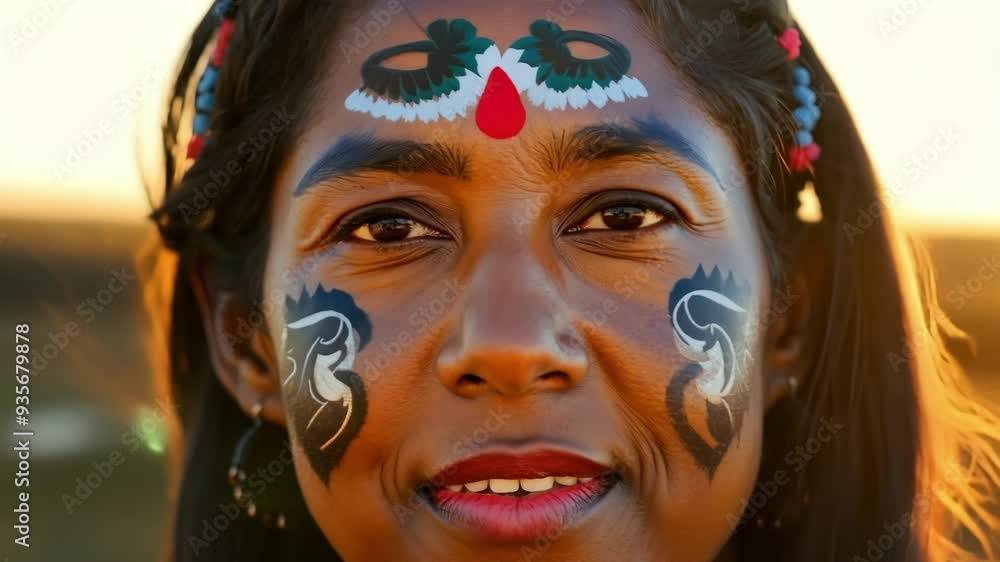 Portrait of a young indigenous woman with traditional face paint at sunset, representing her rich cultural heritage and connection to her ancestry Portrait of a young indigenous woman with traditional face paint at sunset, representing her rich cultural heritage and connection to her ancestry