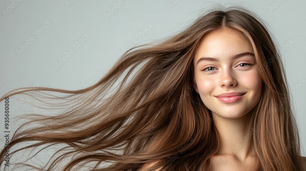 Portrait of a young woman with long flowing hair smiling. Portrait of a young woman with long flowing hair smiling.
