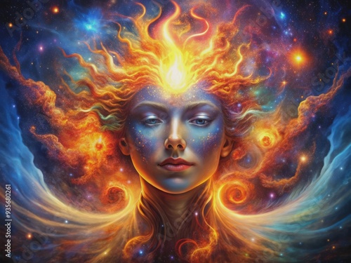 Vibrant flames engulf a celestial face, set against a starry night sky, symbolizing spiritual awakening, inner growth, and cosmic connection in a swirling vortex of color.