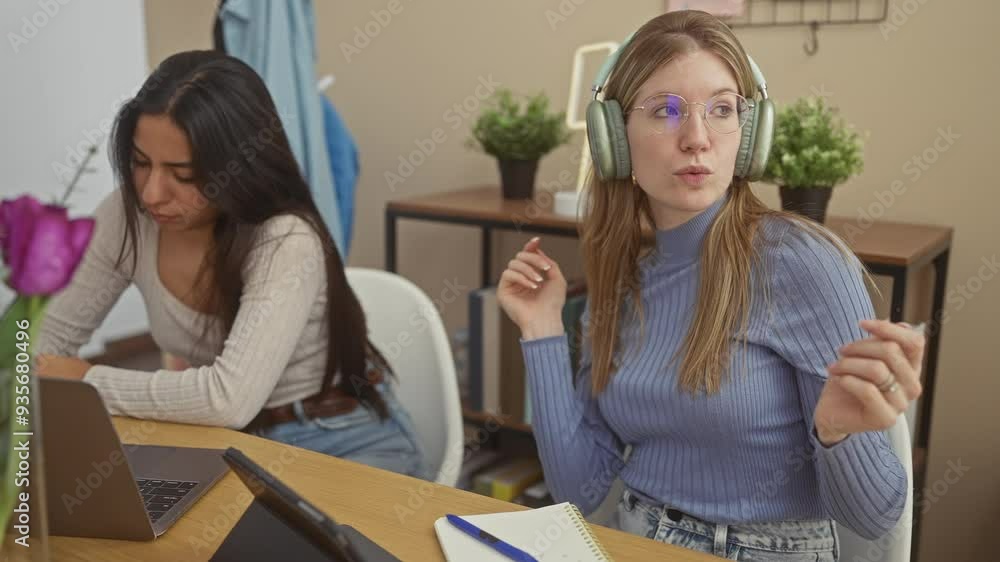 Two women in a home setting, one dancing with headphones, the other focused on laptop work. Two women in a home setting, one dancing with headphones, the other focused on laptop work.