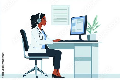 Vector graphics illustration of a female doctor sitting on a desk in front of a computer looking at me, wearing headphones, business style illustration for a webpage, no background 