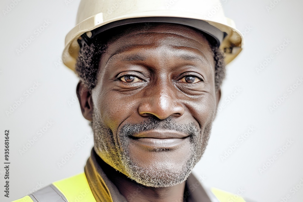 A skilled construction worker beams with pride while wearing a safety helmet and reflective vest, showcasing dedication at a construction site during daylight hours A skilled construction worker beams with pride while wearing a safety helmet and reflective vest, showcasing dedication at a construction site during daylight hours
