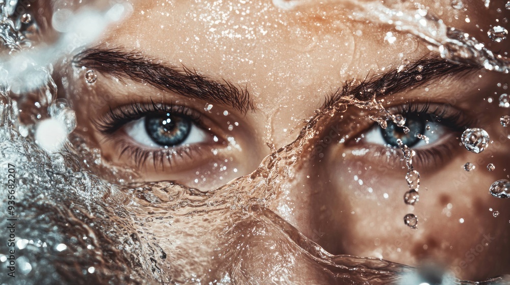 Close-up of a woman's eye with water splashing around it. Close-up of a woman's eye with water splashing around it.