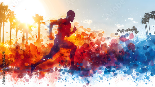 Silhouette of a sprinter running on the track in the Olympic stadium with a colorful flare rising behind him. Concept of victory and winning. Olympic Games. Los Angeles 2028. Athletics