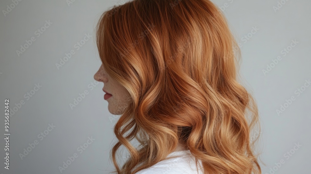 A woman with soft, wavy red hair stands sideways, showcasing her hairstyle and profile in a serene indoor environment. A woman with soft, wavy red hair stands sideways, showcasing her hairstyle and profile in a serene indoor environment.