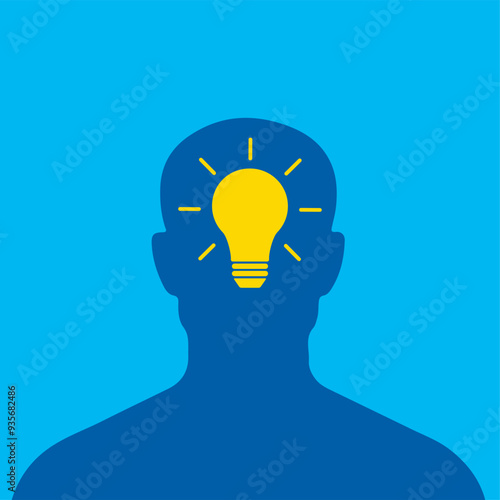 Idea concept with human head. Light bulb in a human head, concept of brainstorm or thinking emblem and unique idea. The concept of the emergence of the idea. Shining lamp inside the head.