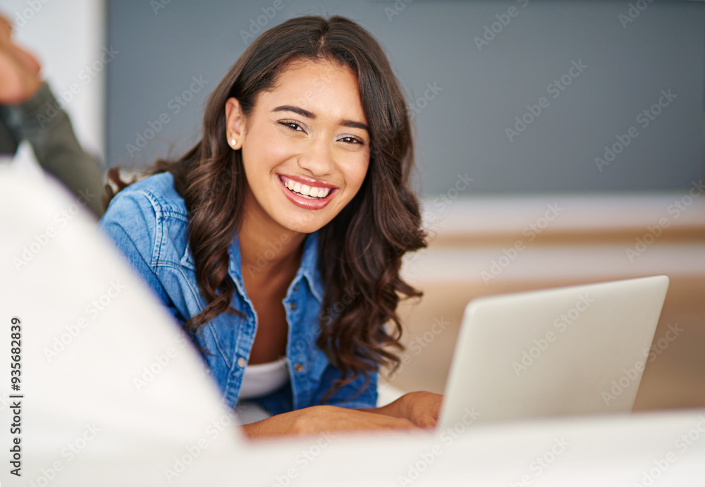 Laptop, happy woman and portrait in home for online shopping, payment or purchase clothes on internet. Computer, face or girl in living room for news, relax or subscription to social media influencer Laptop, happy woman and portrait in home for online shopping, payment or purchase clothes on internet. Computer, face or girl in living room for news, relax or subscription to social media influencer