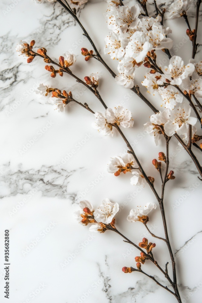 White cherry blossom branches on marble background. White cherry blossom branches on marble background.