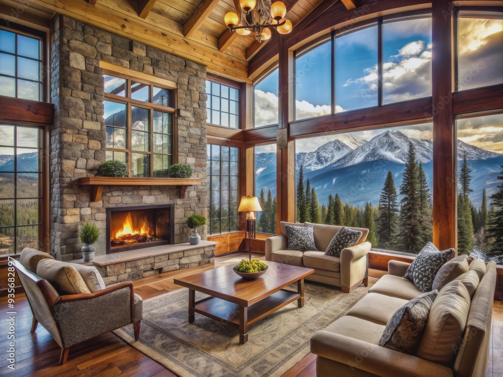 Cozy mountain retreat interior with rustic stone fireplace, plush furnishings, and large windows offering breathtaking views of snow-capped peaks and serene forest landscape. Cozy mountain retreat interior with rustic stone fireplace, plush furnishings, and large windows offering breathtaking views of snow-capped peaks and serene forest landscape.