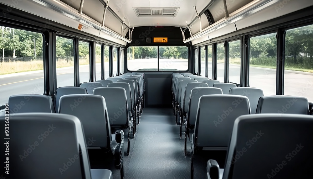 A photograph of the interior space inside an empty modern minibus with blue seats A photograph of the interior space inside an empty modern minibus with blue seats