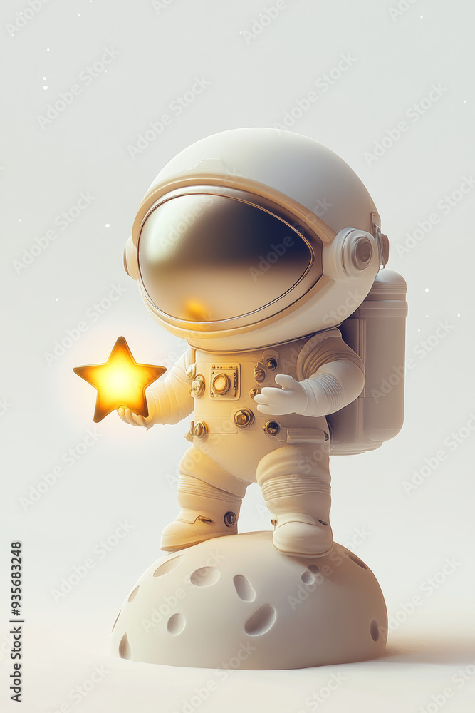 Naklejka premium A charming illustration of a small astronaut standing on the moon, holding a glowing star, evoking a sense of wonder and exploration. 