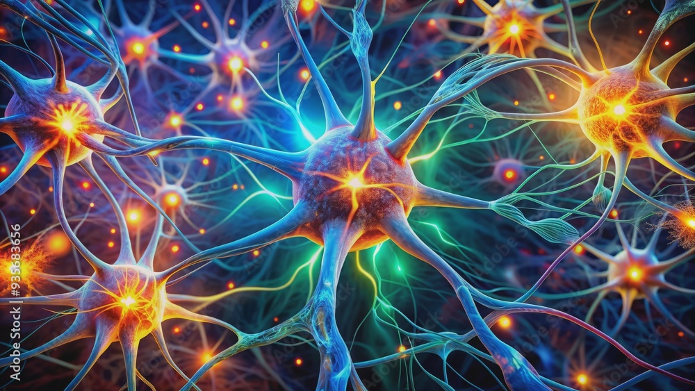 Obraz premium Vibrant neural pathways and glowing synapses illuminate the intricate anatomy of the human brain, radiating energy and intelligence in a mesmerizing display of cognitive power.
