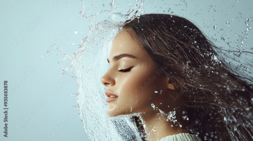 Young woman with long hair and flawless skin standing in a water splash. Young woman with long hair and flawless skin standing in a water splash.