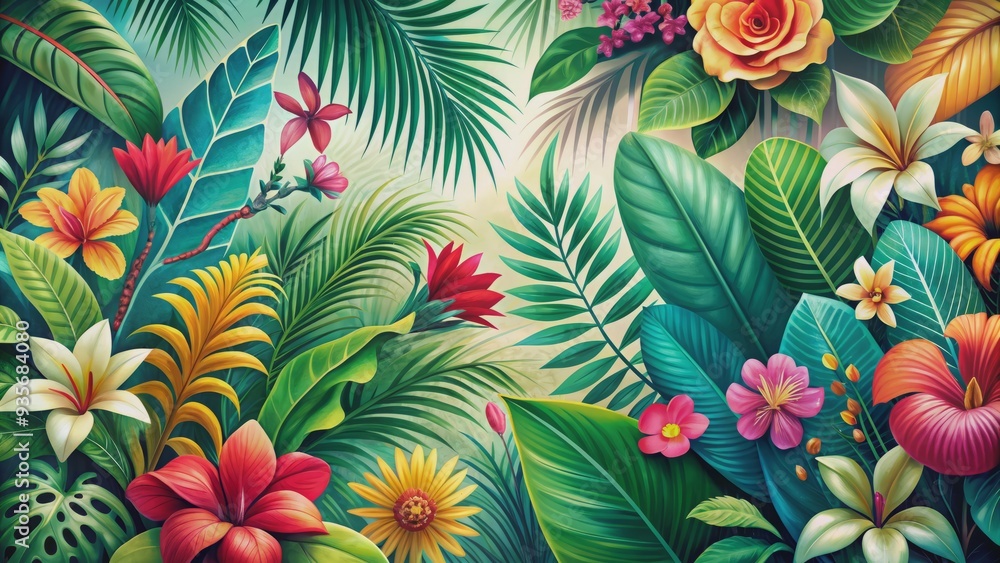 Vibrant tropical leaves and exotic flowers swirl around a subtle feminine silhouette, evoking a whimsical and dreamy atmosphere reminiscent of a lush paradise. Vibrant tropical leaves and exotic flowers swirl around a subtle feminine silhouette, evoking a whimsical and dreamy atmosphere reminiscent of a lush paradise.