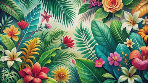 Vibrant tropical leaves and exotic flowers swirl around a subtle feminine silhouette, evoking a whimsical and dreamy atmosphere reminiscent of a lush paradise.