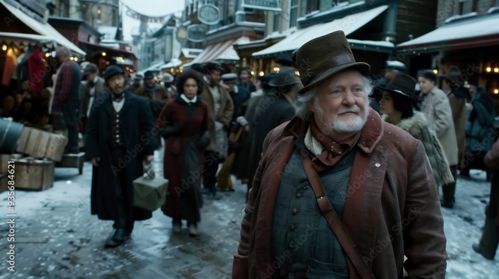 Ancient England. People on the street in woolen clothes on the street in winter Ancient England. People on the street in woolen clothes on the street in winter