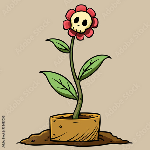 flower plant isolated with skull t-shirt design.