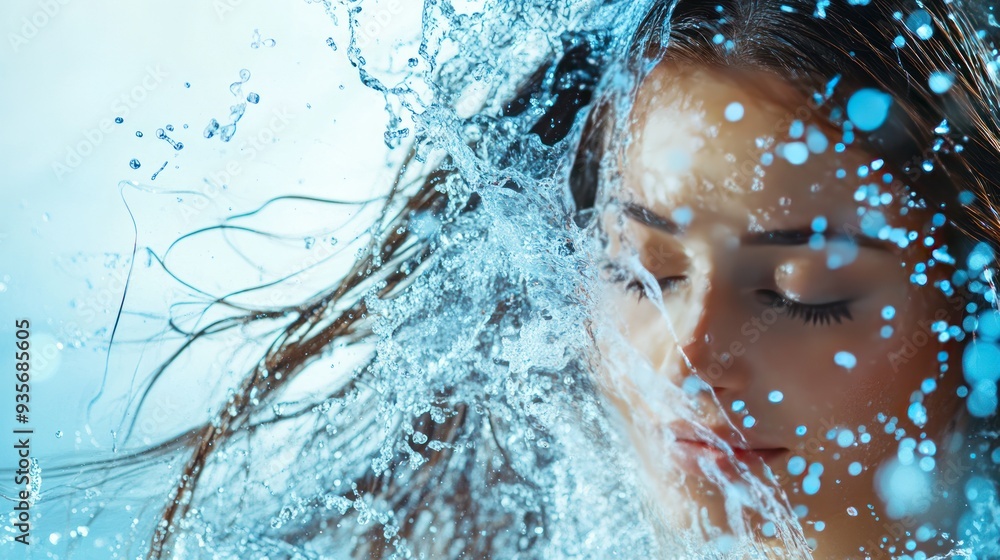 Fototapeta premium Close-up of a woman's face with water splashing around her.